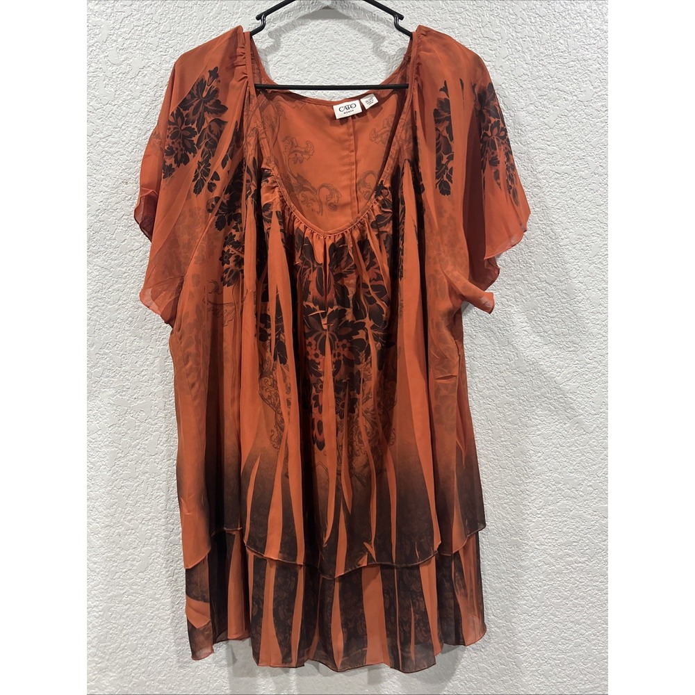 Cato Tunic Women 26/28W Orange Floral Chiffon Flowy Ethereal Romantic Whimsigoth